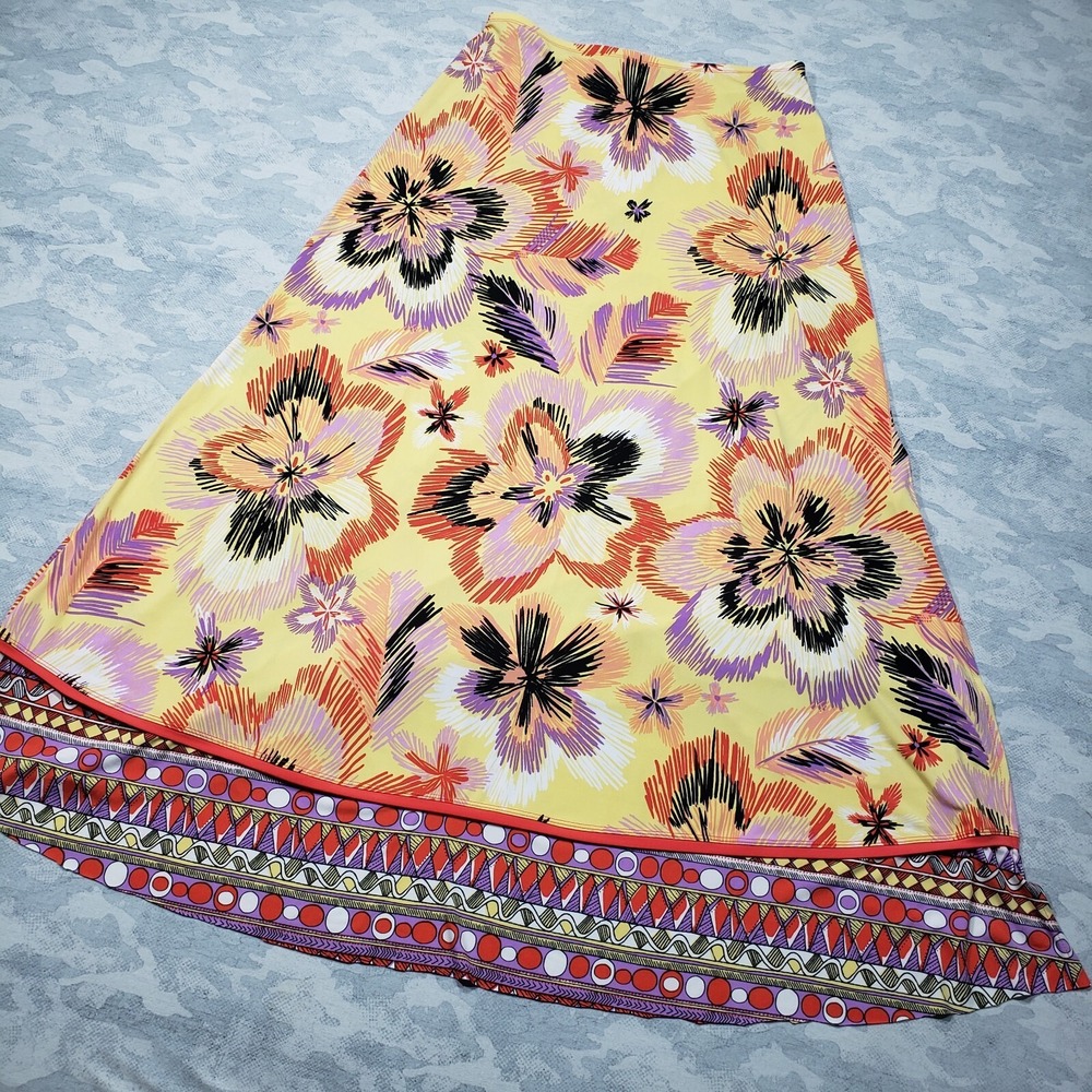 Bisou Bisou Skirt Womens Medium Yellow Floral Geo Print Maxi Pull On Lightweight - Picture 2 of 9